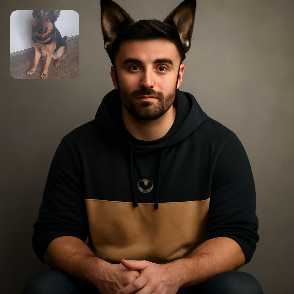 A loyal German Shepherd sits attentively on a wooden floor against a plain white wall, ears perked up and eyes full of curiosity, ready for a command or a treat.