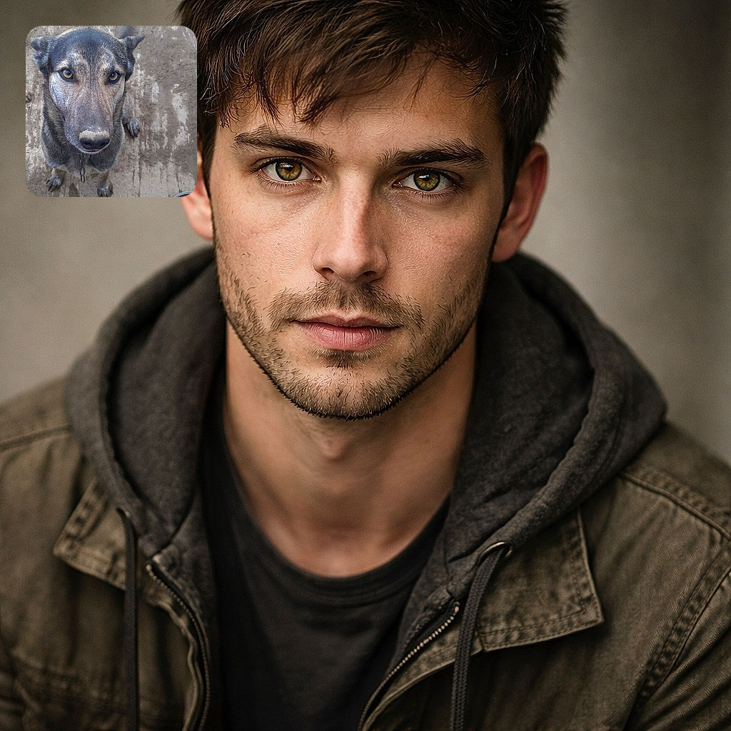 A soulful dog stares up with sandy-snouted dignity — eyes like golden marbles, muddy paws on a well-worn floor, and the name 'Charlie' stamped in bright blue like a proud billboard for Good Boy Inc.