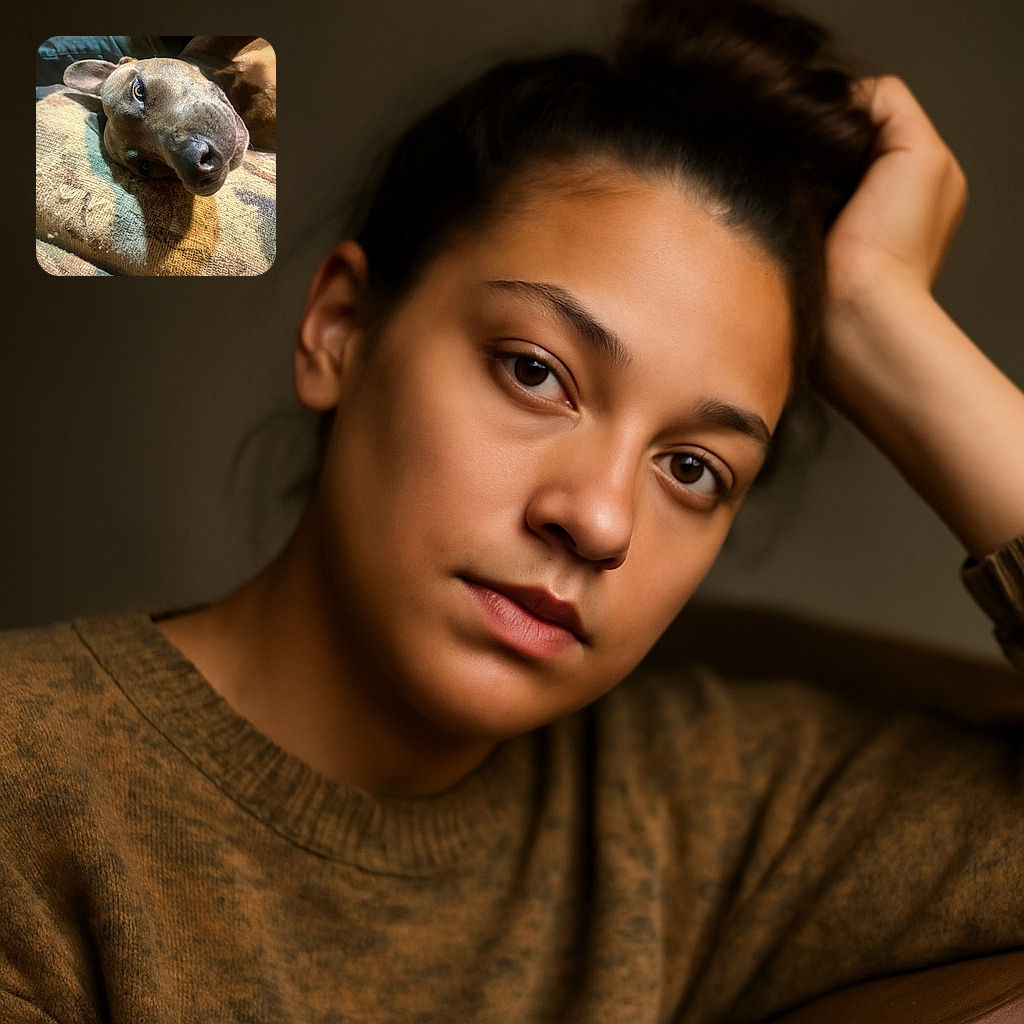 A close-up photo of a relaxed dog lying on a textured, multicolored cushion, with soft lighting highlighting the dog's expressive eyes and nose, capturing a peaceful and cozy moment.