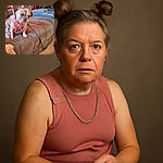 A small brindle French Bulldog wearing a pink harness and chain leash sits on a brown leather couch looking slightly confused or curious while a hand holds a pen-like object near its neck. The background includes a red wall and some furniture, giving a cozy indoor vibe.