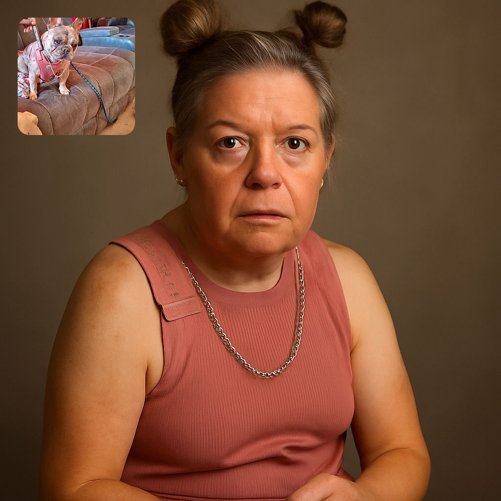 A small brindle French Bulldog wearing a pink harness and chain leash sits on a brown leather couch looking slightly confused or curious while a hand holds a pen-like object near its neck. The background includes a red wall and some furniture, giving a cozy indoor vibe.
