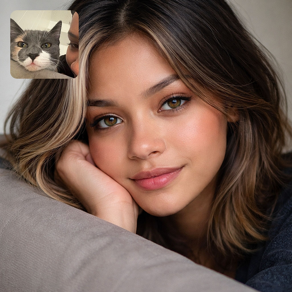 A grey-and-white cat gives the camera a deadpan close-up while a human nose-and-eye cameo photobombs from the right — the cat clearly tolerates this selfie with regal indifference.