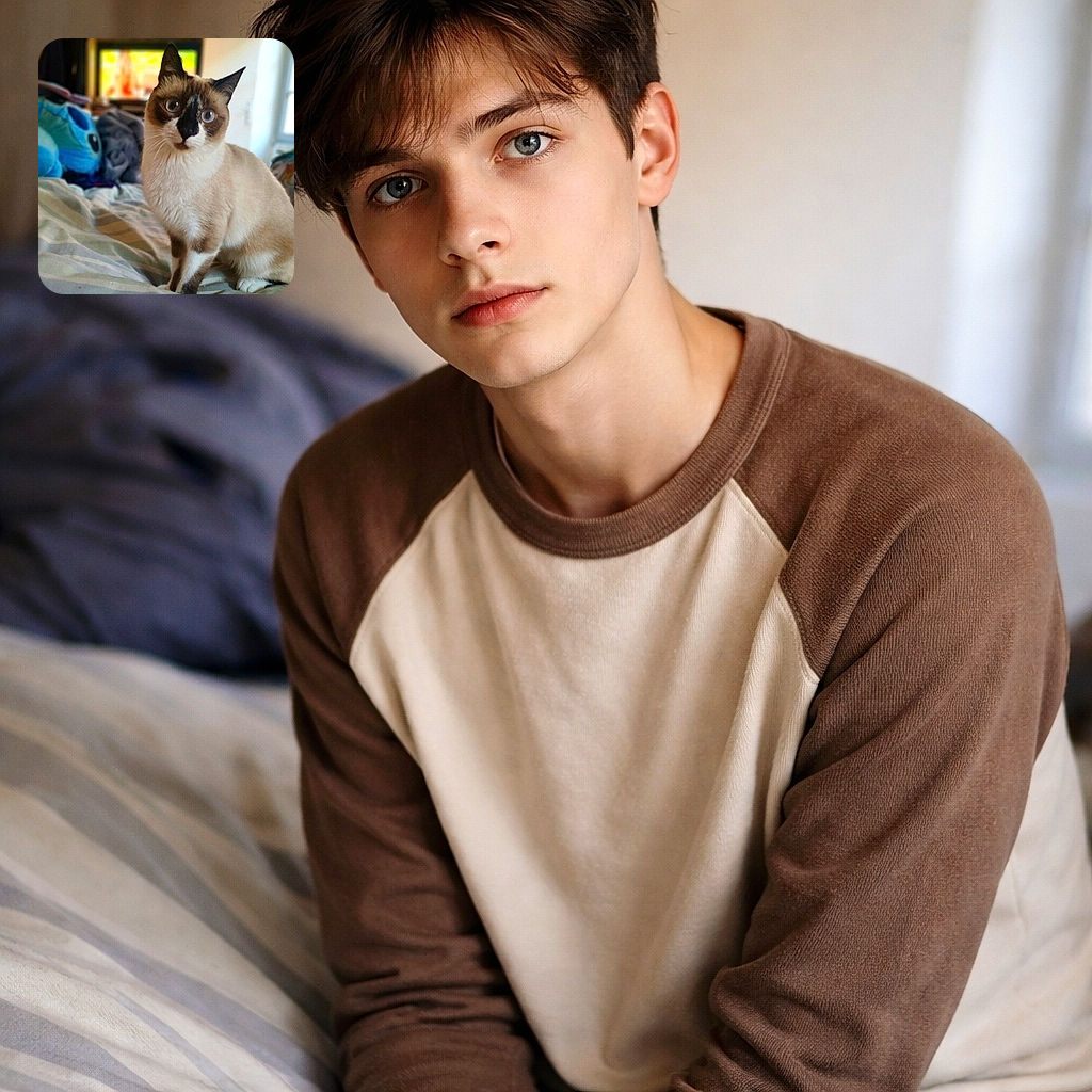 A wide-eyed Siamese-mix cat perches on a rumpled bed, gazing at the camera with theatrical curiosity. Soft background bokeh reveals a blue Stitch plush and a blurred TV, giving the scene a cozy, slightly chaotic bedroom-vibe — the cat clearly owns this space.
