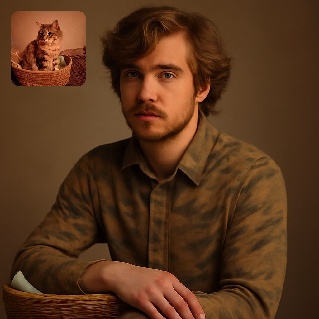 A fluffy tabby cat with big curious eyes is cozily sitting in a woven basket lined with blankets, surrounded by a warmly lit, softly blurred room that feels like a comfy evening retreat.