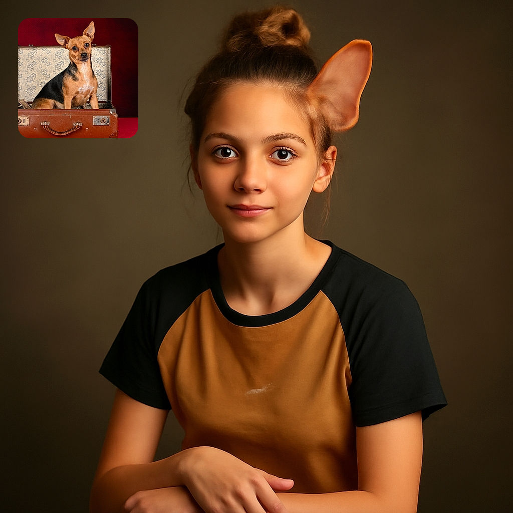A small dog with big, curious eyes and perky ears sits comfortably inside an open vintage suitcase, set against a rich red backdrop, looking like it's ready for an adventure or perhaps just a fashionable photoshoot.