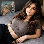 A relaxed tabby cat with striking amber eyes lounges on a soft gray blanket next to a wooden table, looking curiously to the side as if pondering the mysteries of the universe or the next snack.