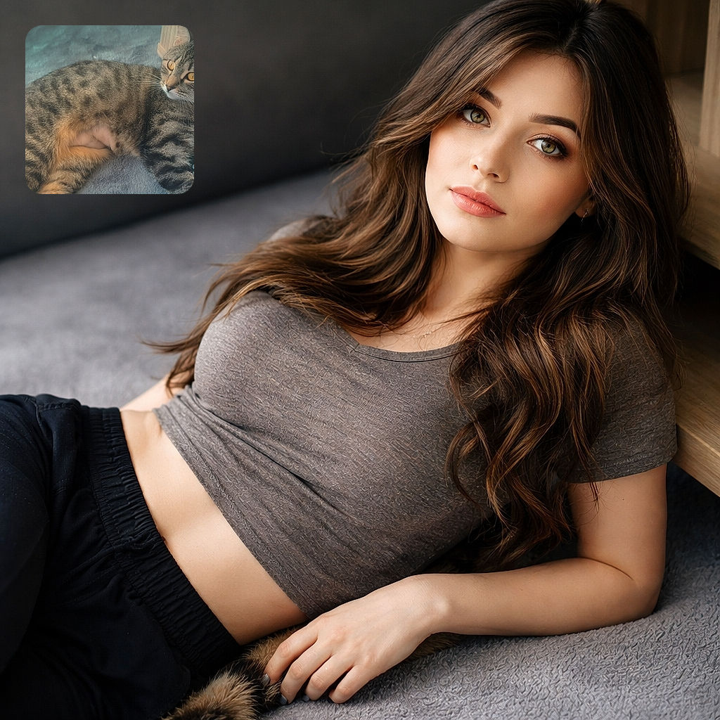A relaxed tabby cat with striking amber eyes lounges on a soft gray blanket next to a wooden table, looking curiously to the side as if pondering the mysteries of the universe or the next snack.