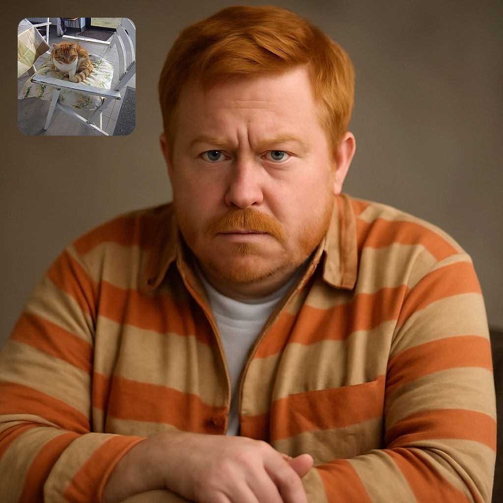 A ginger and white cat is perched comfortably on a floral cushion atop a rustic white wooden chair in a sunlit room with tiled floors and a table covered with a patterned plastic tablecloth nearby.