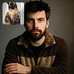 A majestic fluffy cat with piercing blue eyes sits regally on a wooden surface, looking slightly upward with a poised and curious expression. The soft natural light highlights its luxurious fur, while the simple indoor background keeps the focus on the feline royalty.