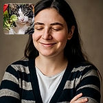 A close-up photo of a tabby cat with white markings sitting near a potted plant with green leaves and a red flower. The cat's eyes are partially closed, giving a relaxed or sleepy expression.