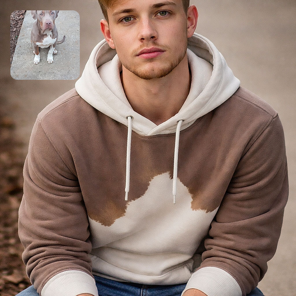 A patient, soulful-eyed puppy sits like a small statue on the concrete, white-chested and attentive, as if waiting for a treat or an Oscar nomination. Leaves line the left edge, the tail curls to the side, and those sky-blue eyes are stealing the show — equal parts adorable and accusatory.
