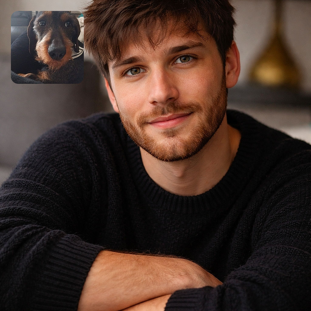 A close-up of an adorable wire-haired dachshund giving its best 'big nose, bigger eyes' stare — looks like it stole the blanket and your heart in one adorable heist.