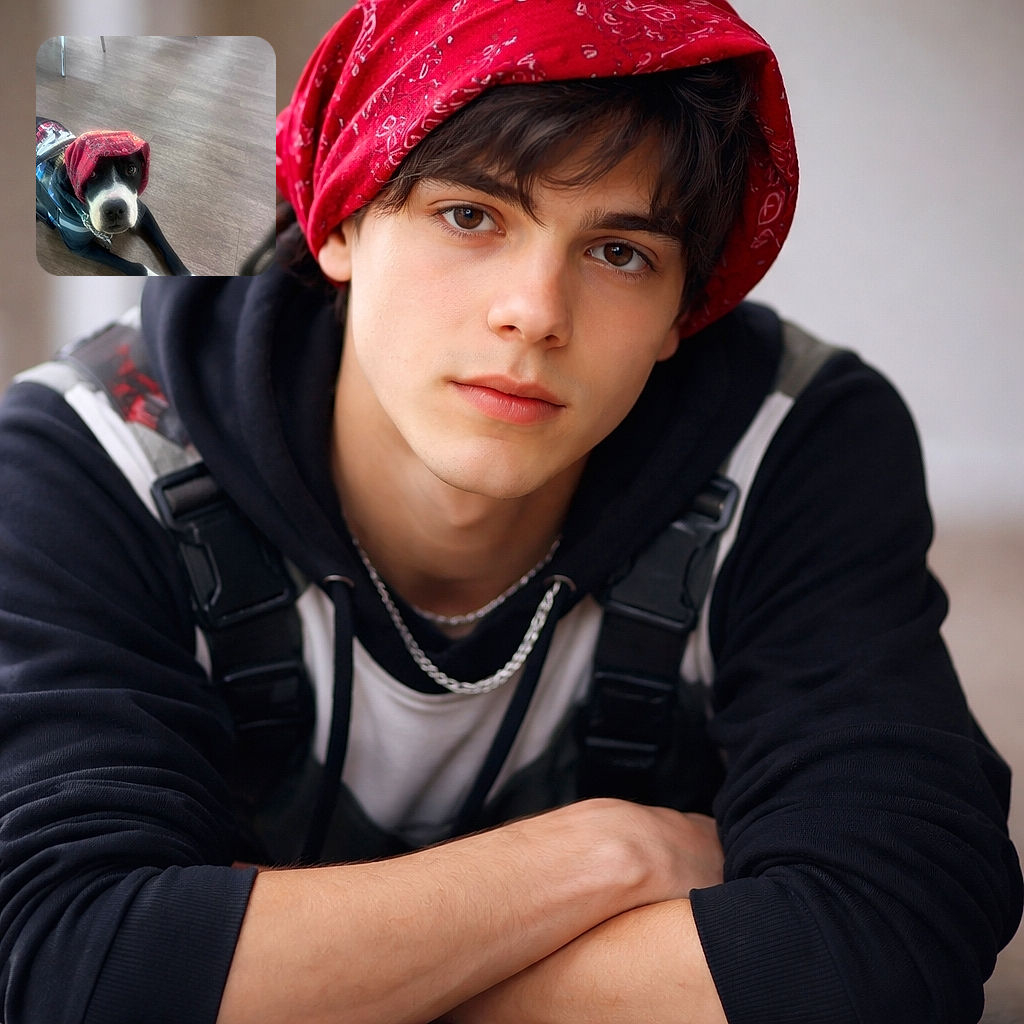 A charming black and white dog lies on a wooden floor wearing a red bandana over its head and a blue outfit, giving an adorable and slightly puzzled look up at the camera.