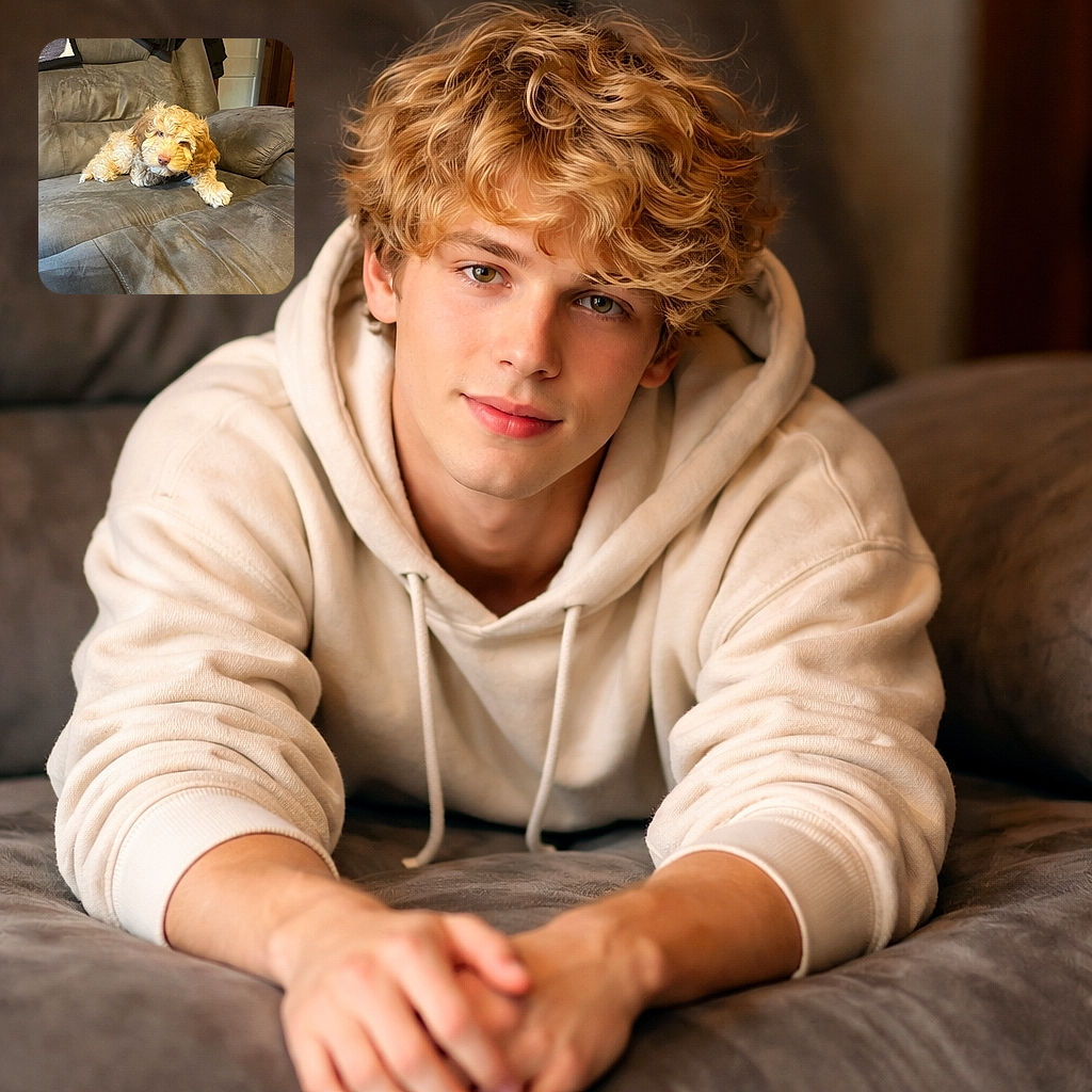 A scruffy, golden-flecked puppy sprawled like royalty on a plush gray recliner, giving the camera a sleepy, mildly judgmental stare — as if demanding treats or a nap upgrade. A black jacket and a corner of a blanket hang over the back of the chair, and the cozy indoor scene feels like a sheet of fluffy mischief settled into furniture.