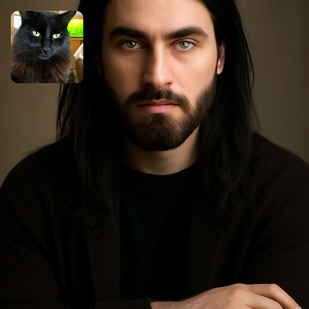 A majestic black cat with piercing green eyes stares intensely at the camera, its fluffy fur creating a regal mane. The background shows a cozy room with a cabinet and a bright green aquarium, adding a homely touch to this feline portrait.