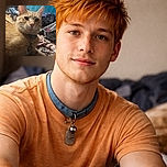 A curious orange tabby cat with a collar and tags stares intently at the camera, surrounded by a cluttered background of clothes, shoes, and household items, creating a cozy yet chaotic scene.