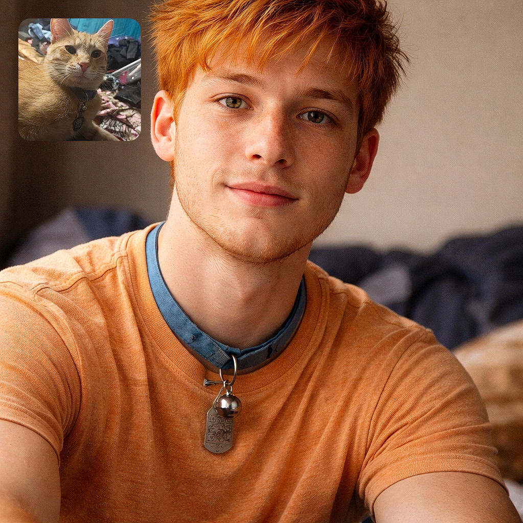 A curious orange tabby cat with a collar and tags stares intently at the camera, surrounded by a cluttered background of clothes, shoes, and household items, creating a cozy yet chaotic scene.
