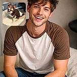 A happy and fluffy dog with a mix of brown and white fur sits cheerfully on a cozy pet bed, looking up with bright, expressive eyes and a big smile. The background shows a blue wall, a window air conditioner, and a cat tree, creating a warm indoor setting.
