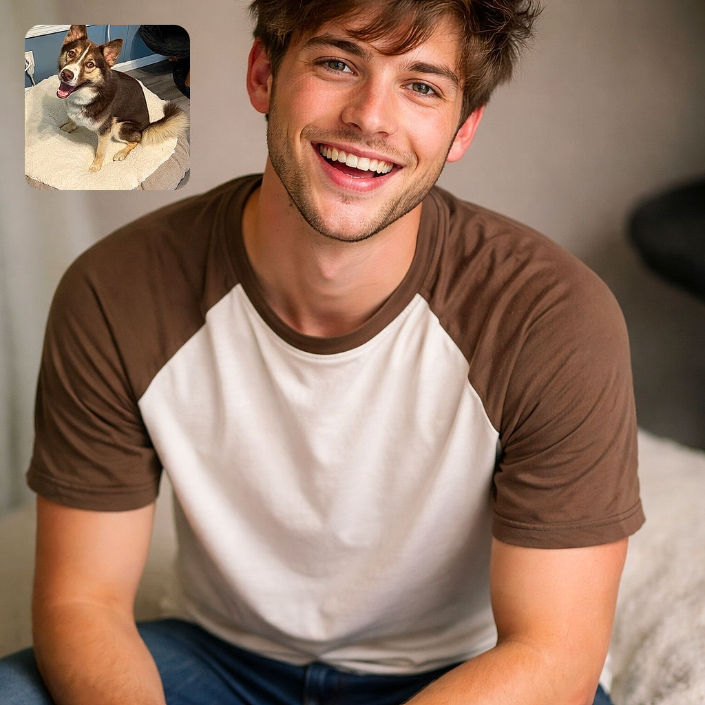 A happy and fluffy dog with a mix of brown and white fur sits cheerfully on a cozy pet bed, looking up with bright, expressive eyes and a big smile. The background shows a blue wall, a window air conditioner, and a cat tree, creating a warm indoor setting.