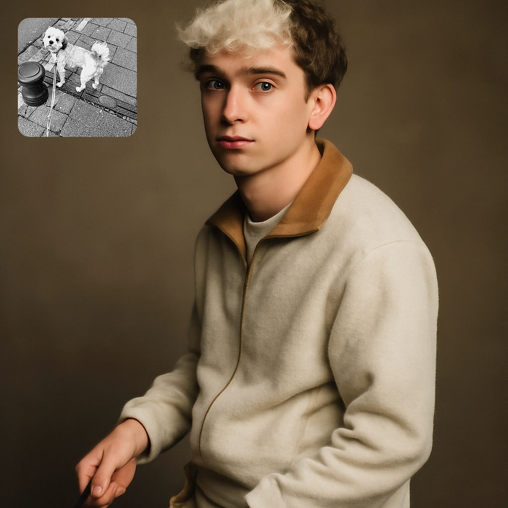 A fluffy dog on a leash looks back towards the camera with curious eyes, standing on a textured sidewalk next to a street bollard. The black and white filter adds a timeless charm to this casual urban stroll snapshot.