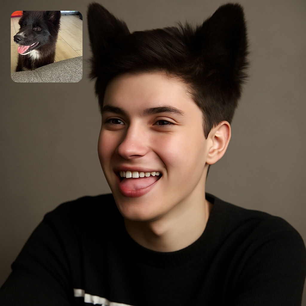 A fluffy black and white dog with perked ears and tongue out looks happily curious indoors, with a cozy home background featuring a pet bed and storage organizer.