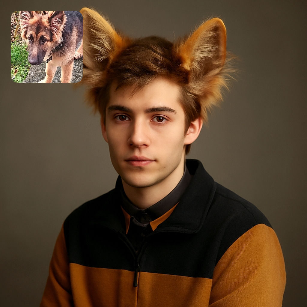 A fluffy German Shepherd puppy named Duke stands on a textured stone path with curious eyes and perky ears, surrounded by greenery and some dried leaves, looking like he's ready for an adventure or a game of fetch.