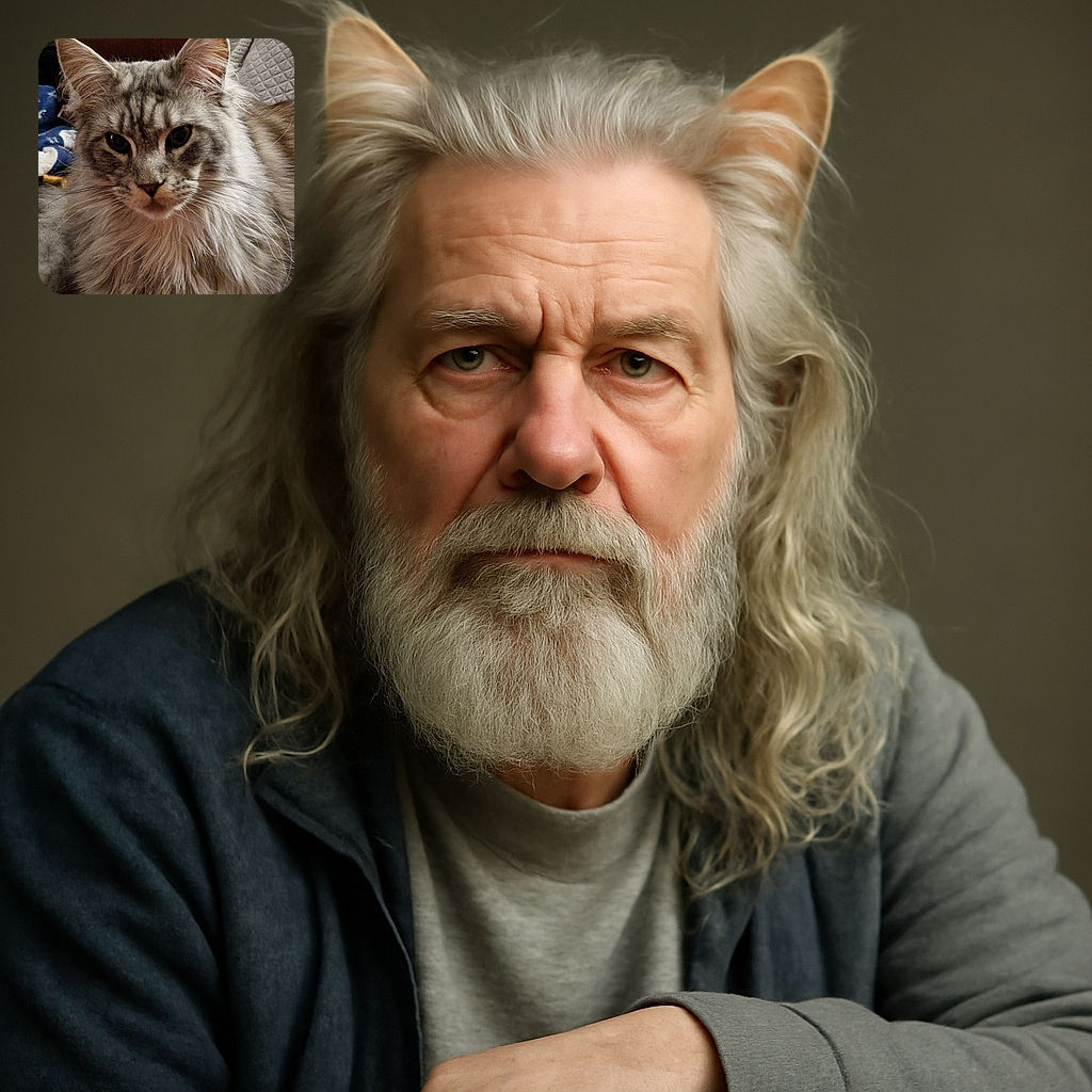 A majestic long-haired cat with a serious expression lounges comfortably against a cozy background, its luxurious fur and attentive eyes stealing the spotlight.