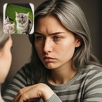 A curious gray tabby cat is intently staring at its own reflection in a round mirror, with lush green grass in the background. The cat's focused expression and fluffy fur add charm to this candid moment of self-discovery.