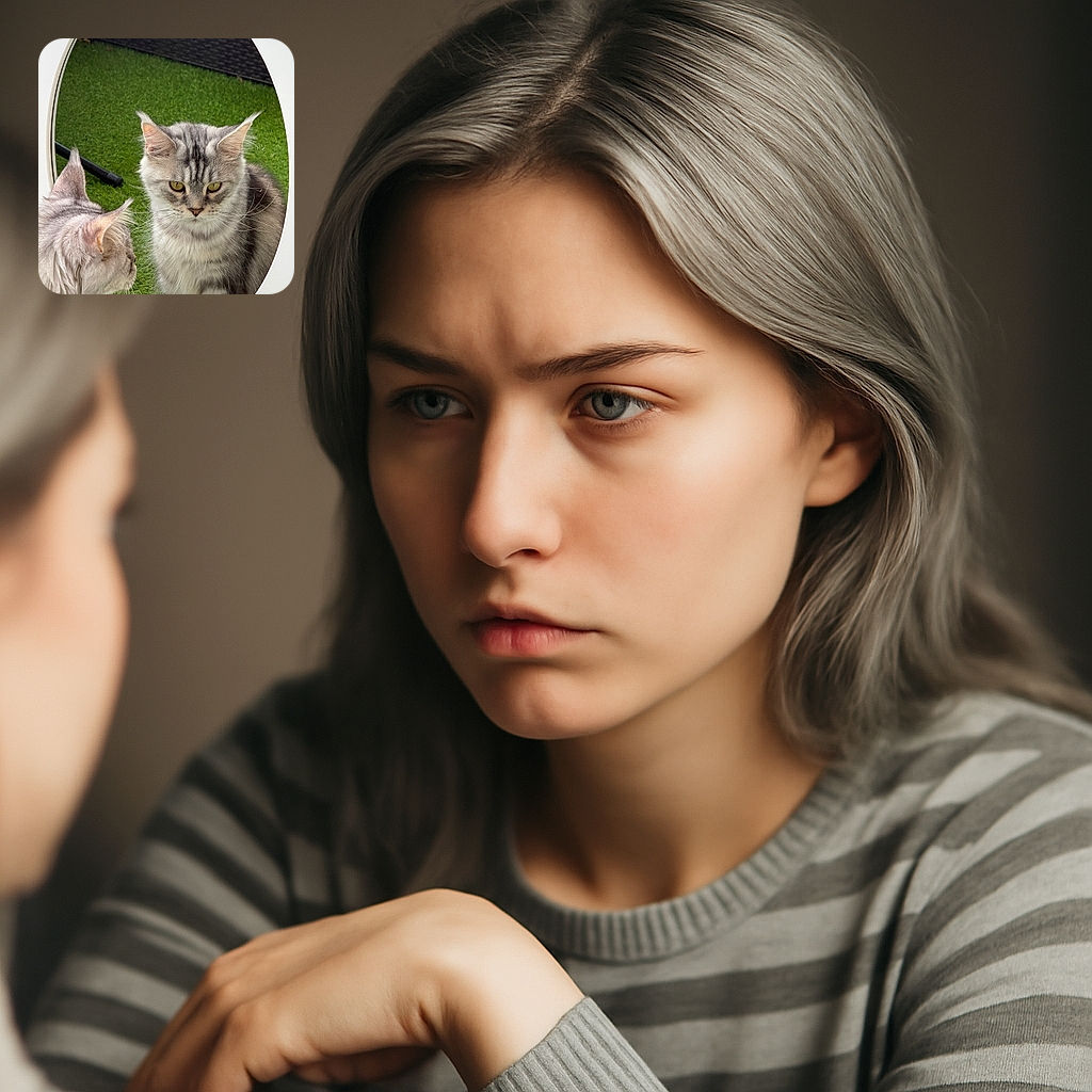 A curious gray tabby cat is intently staring at its own reflection in a round mirror, with lush green grass in the background. The cat's focused expression and fluffy fur add charm to this candid moment of self-discovery.