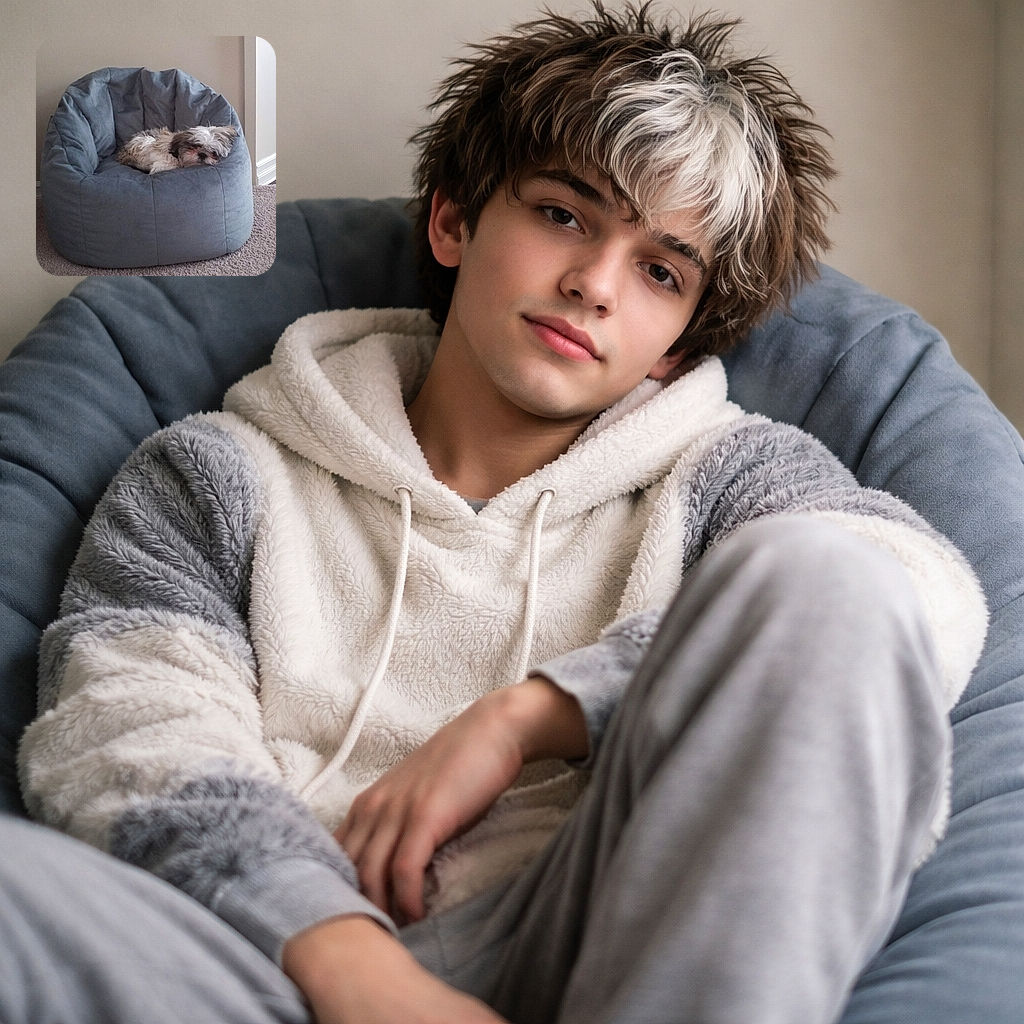 A tiny fluffy dog has claimed the whole beanbag throne and is dozing like royalty — scruffy face nestled into the cushion, little paws tucked under, looking like the reigning nap champion of the living room.