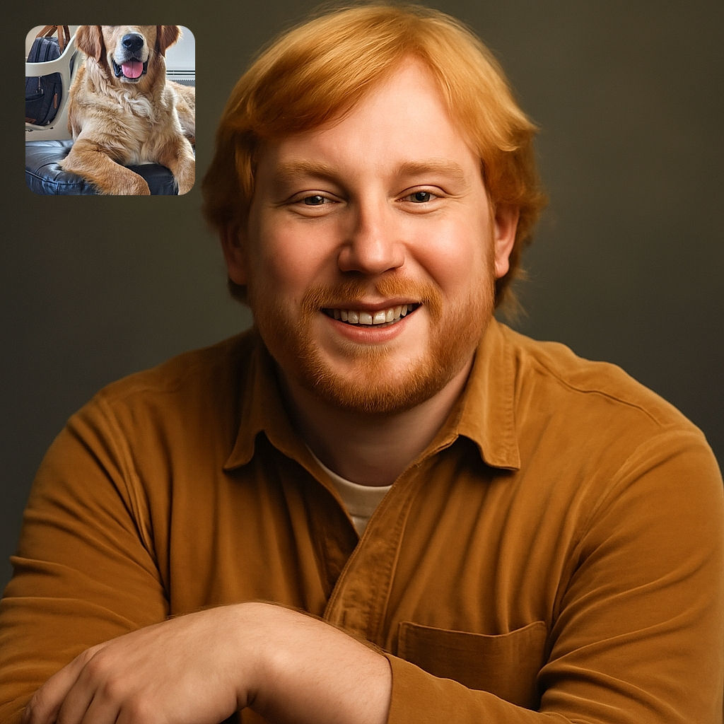 A happy golden retriever lounges comfortably on a black leather ottoman, tongue out in a cheerful pant. Behind, a white chair with a backpack hanging over it adds a casual home vibe to the cozy indoor setting.