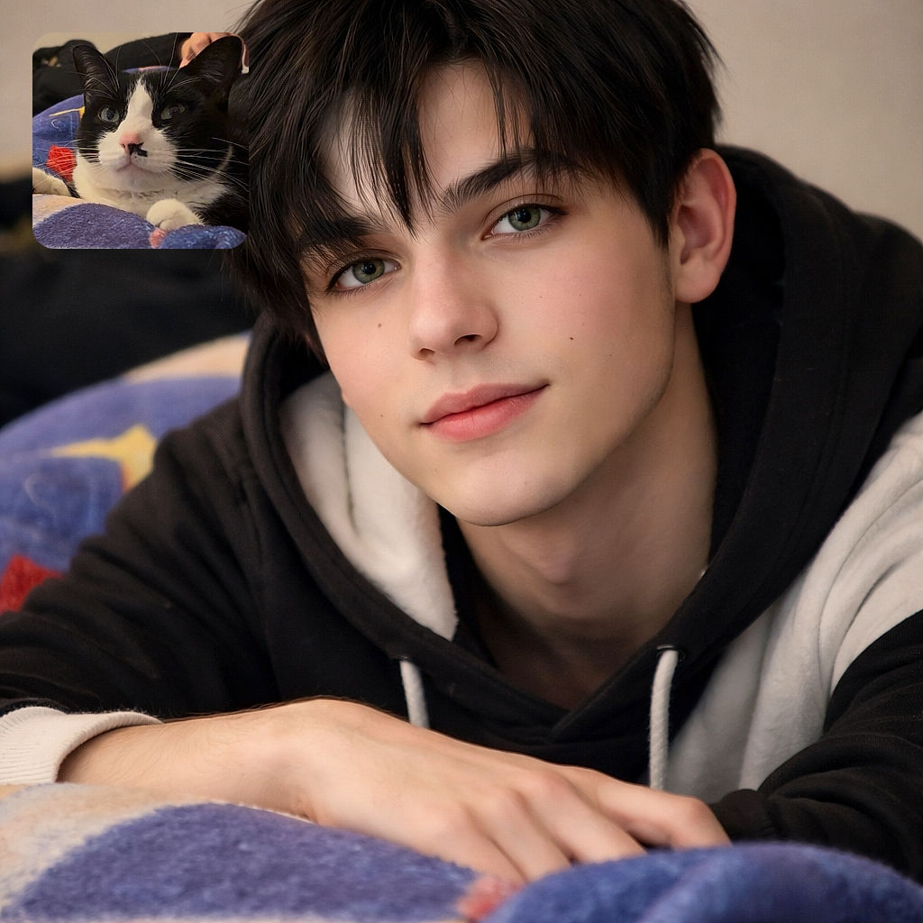 A chonky tuxedo cat stares into the camera with a dignified pink nose and majestic whiskers, nestled on a colorful blanket — part imperious monarch, part cozy couch potato. The background is softly blurred while the kitty's face commands the frame, tiny paws tucked in like it owns the place.