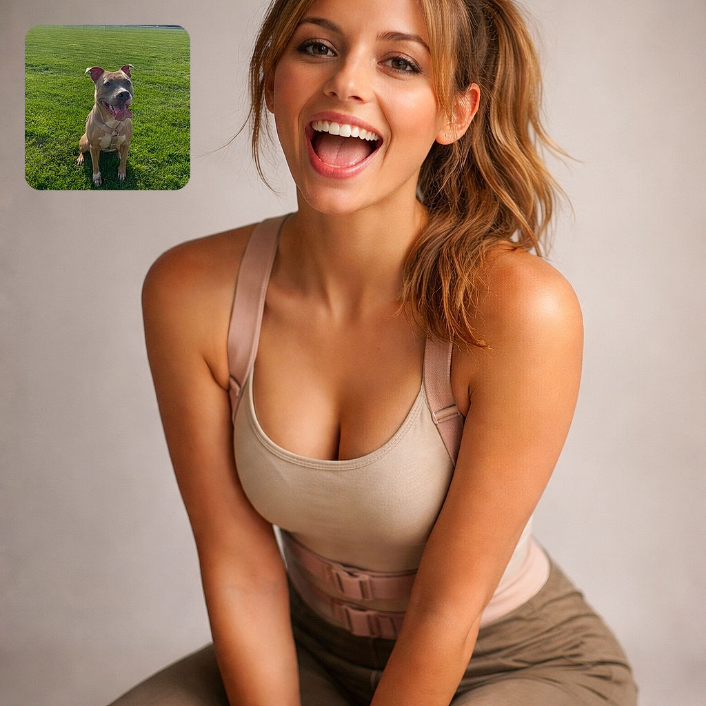 A happy dog sitting on a lush green field with its tongue out, ears perked up, and a joyful expression, enjoying a sunny day in the park with city buildings faintly visible in the background.
