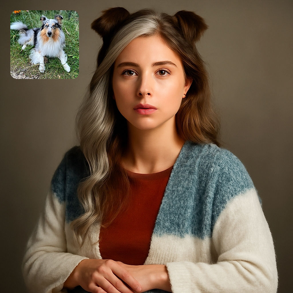 A stunning fluffy dog with striking blue eyes lounges gracefully on a patch of grass, looking directly at the camera with an expression of calm curiosity amidst a natural outdoor setting.