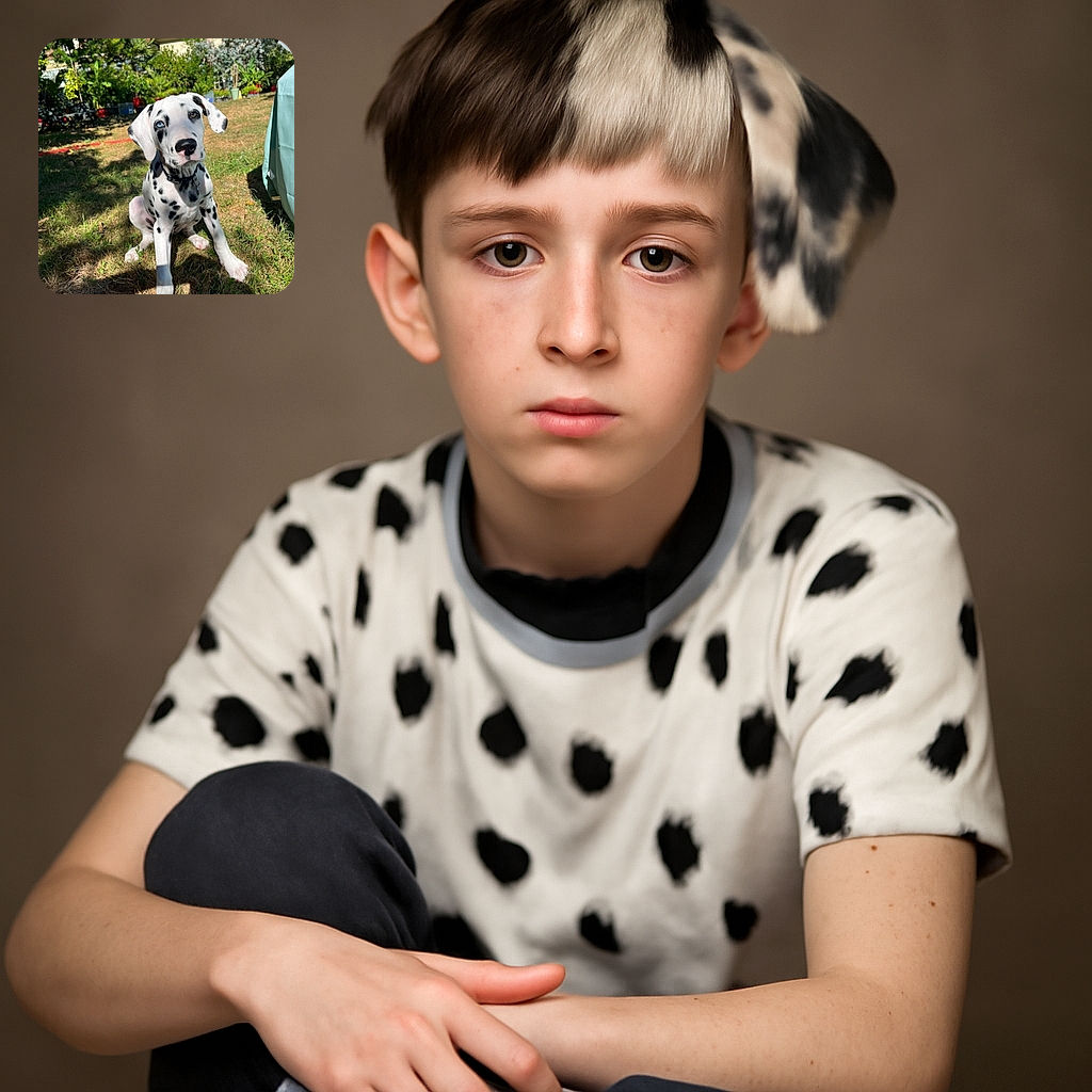 A charming Dalmatian puppy with one blue eye and one brown eye sits attentively on a sunlit grassy lawn, surrounded by lush garden plants and a cozy backyard setting, looking ready for a playdate or a cuddle session.