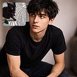 A curious black cat with bright yellow eyes sits attentively on a patterned rug next to a green slipper, seemingly ready for an adventure or a cozy nap.