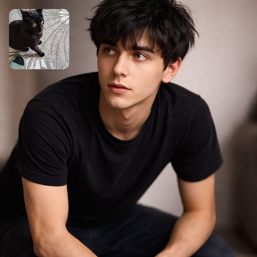 A curious black cat with bright yellow eyes sits attentively on a patterned rug next to a green slipper, seemingly ready for an adventure or a cozy nap.