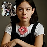 An adorable black puppy wearing a cute white harness with a pink flower sits comfortably on a soft blanket, gazing with soulful eyes that could melt anyone's heart.