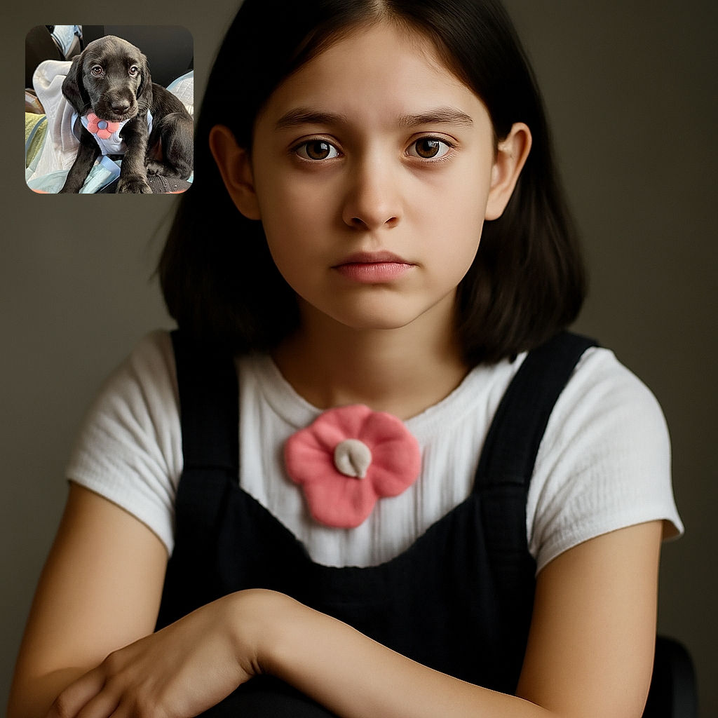 An adorable black puppy wearing a cute white harness with a pink flower sits comfortably on a soft blanket, gazing with soulful eyes that could melt anyone's heart.