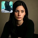 A sleek black cat with piercing green eyes strikes a mysterious pose on a bed with a white blanket. The background features a turquoise wall, a round mirror, a dresser, and a slightly blurred poster of a woman with an American flag, adding a cozy and personal room vibe.