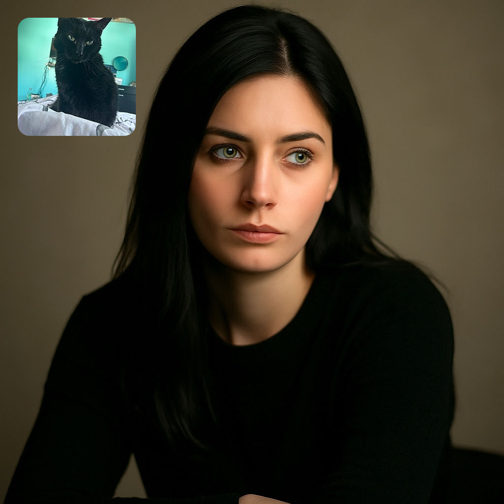 A sleek black cat with piercing green eyes strikes a mysterious pose on a bed with a white blanket. The background features a turquoise wall, a round mirror, a dresser, and a slightly blurred poster of a woman with an American flag, adding a cozy and personal room vibe.