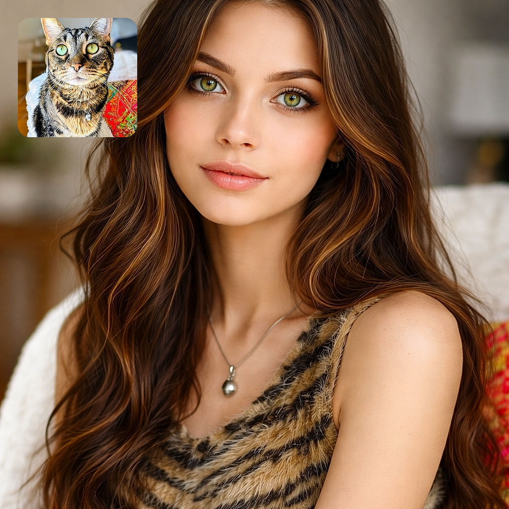A regal tabby stares straight into the camera with enormous green eyes and perfectly groomed whiskers — sporting a tiny jingly bell and perched on a cozy blanket while a colorful embroidered pillow photobombs the side.