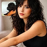 A fluffy black dog with curly fur is comfortably nestled in someone's arms, looking thoughtfully to the side. The background shows part of a colorful painting on the wall and some household items, giving a cozy home vibe.