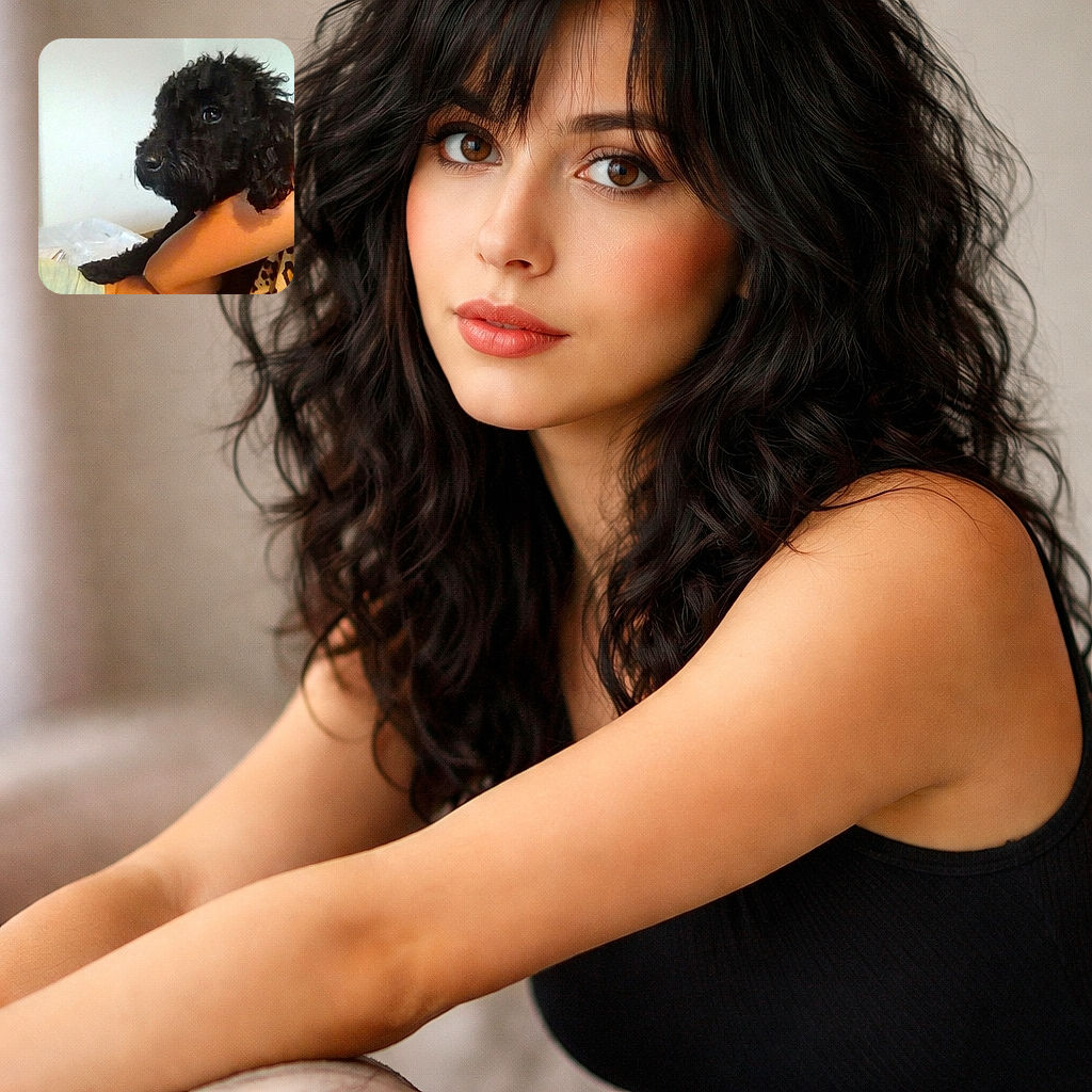 A fluffy black dog with curly fur is comfortably nestled in someone's arms, looking thoughtfully to the side. The background shows part of a colorful painting on the wall and some household items, giving a cozy home vibe.