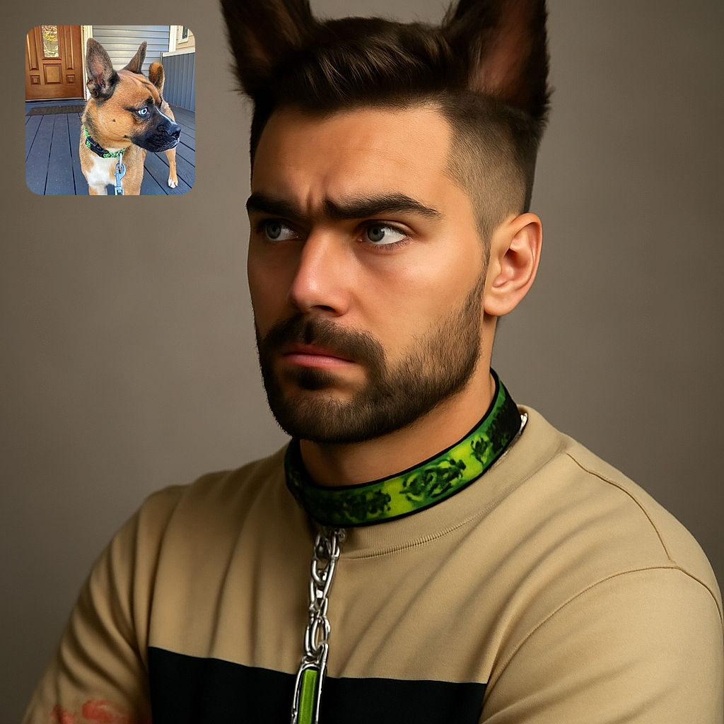 A striking dog with piercing blue eyes and a patterned green collar stands alert on a porch, looking off to the side as if spotting a squirrel or an adventure. The wooden door and siding in the background add a cozy home vibe.