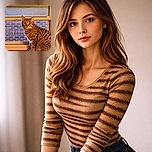 A curious tabby cat with striking golden eyes sits on a wooden windowsill, gazing intently at the camera. The background shows a frosted upper window pane and a brick wall visible through the lower screen, creating a cozy indoor atmosphere.