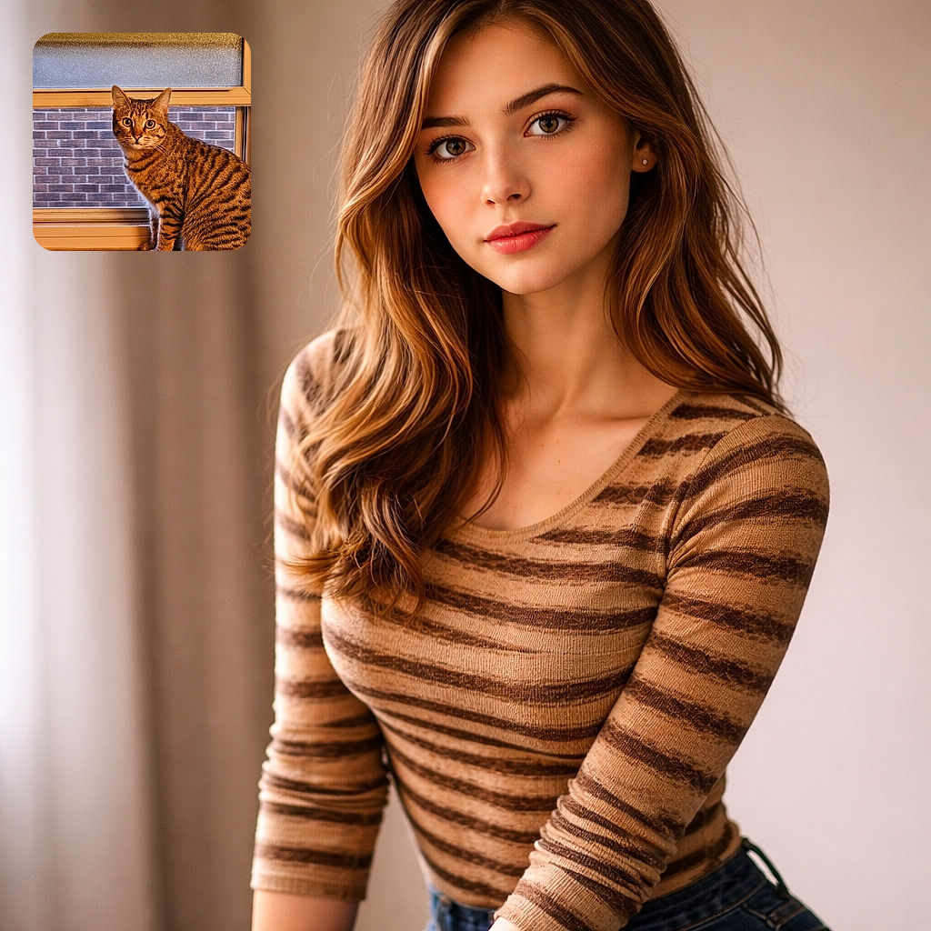 A curious tabby cat with striking golden eyes sits on a wooden windowsill, gazing intently at the camera. The background shows a frosted upper window pane and a brick wall visible through the lower screen, creating a cozy indoor atmosphere.