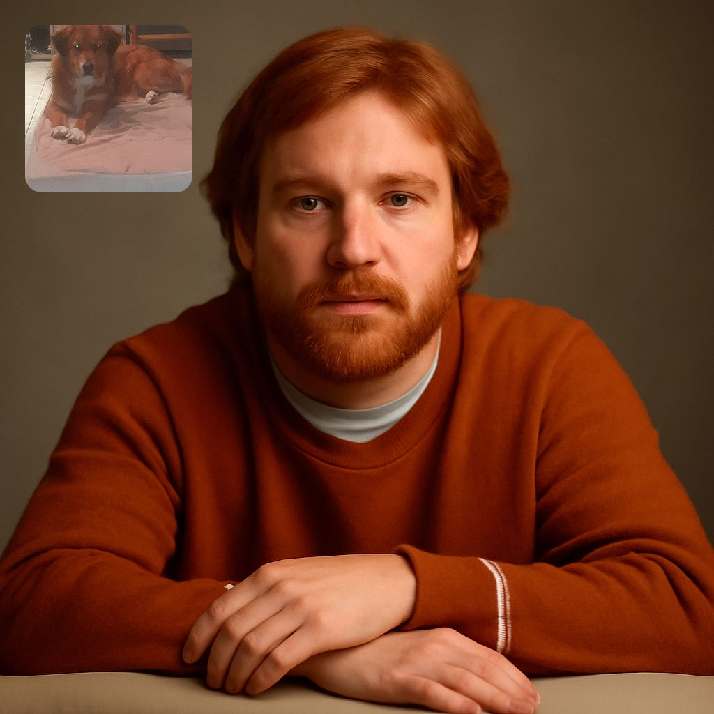 A slightly blurry photo of a brown dog with white paws lying on a pink cushion in a room with tiled floor and some furniture in the background. The dog's eyes reflect light, giving a glowing effect.