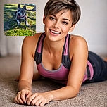A happy dog with a pink harness lounges on a sunny patch of green grass in a park, casting a relaxed shadow while enjoying the warm day with a slightly open mouth and attentive ears.