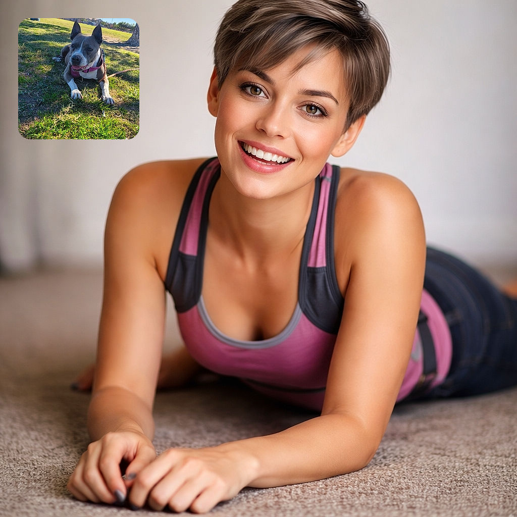 A happy dog with a pink harness lounges on a sunny patch of green grass in a park, casting a relaxed shadow while enjoying the warm day with a slightly open mouth and attentive ears.